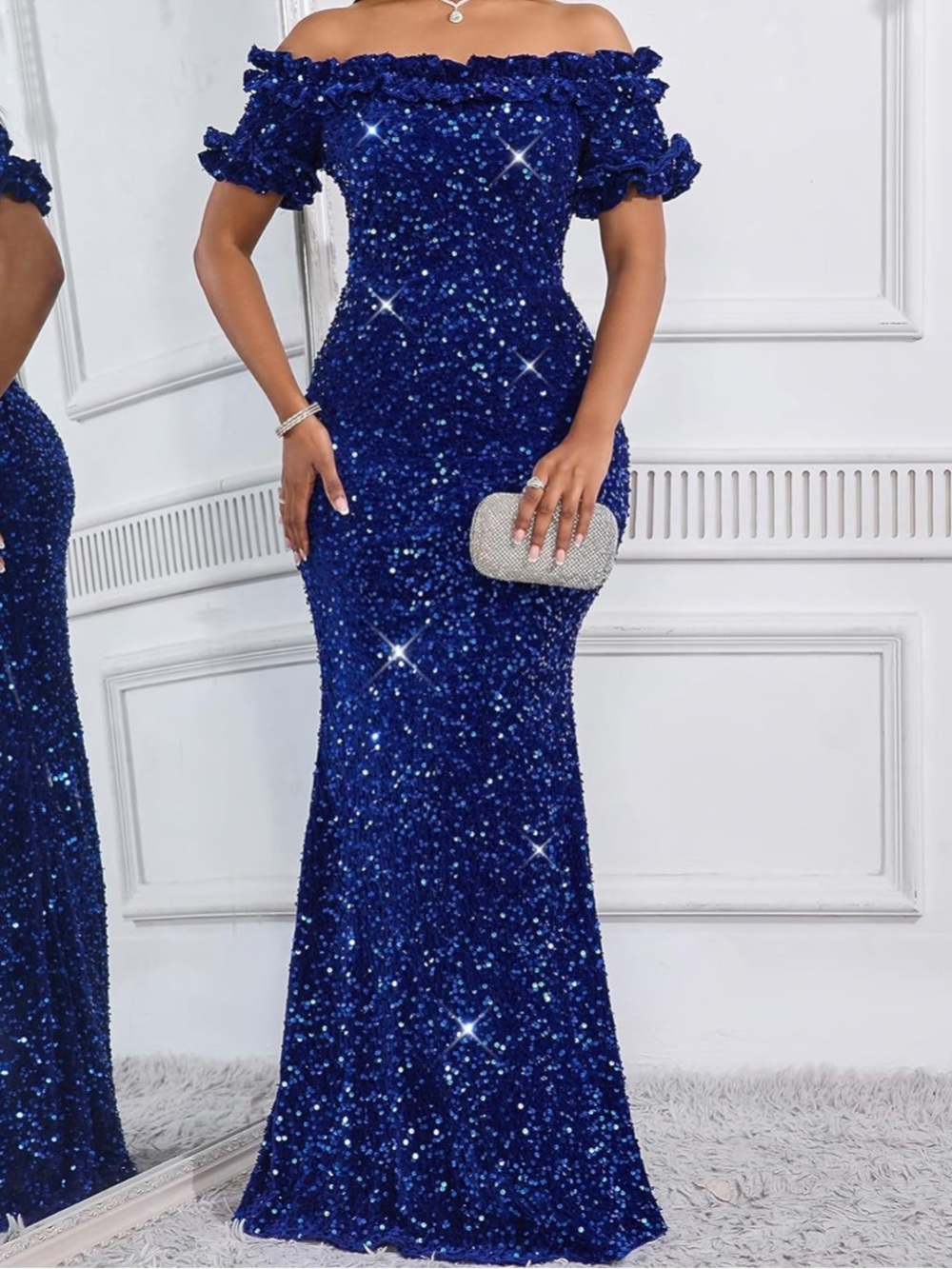 Off Shoulder Mermaid Gown Ruffle Short Sleeve Sequins Party Formal Evening